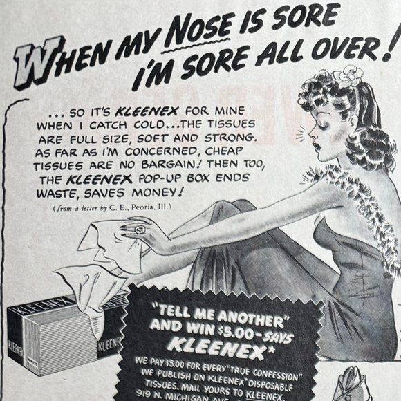 Vintage Kleenex Ad (1942): Uses for Kleenex - Comics, Cartoons, Drawings, B&W - Picture 1 of 2